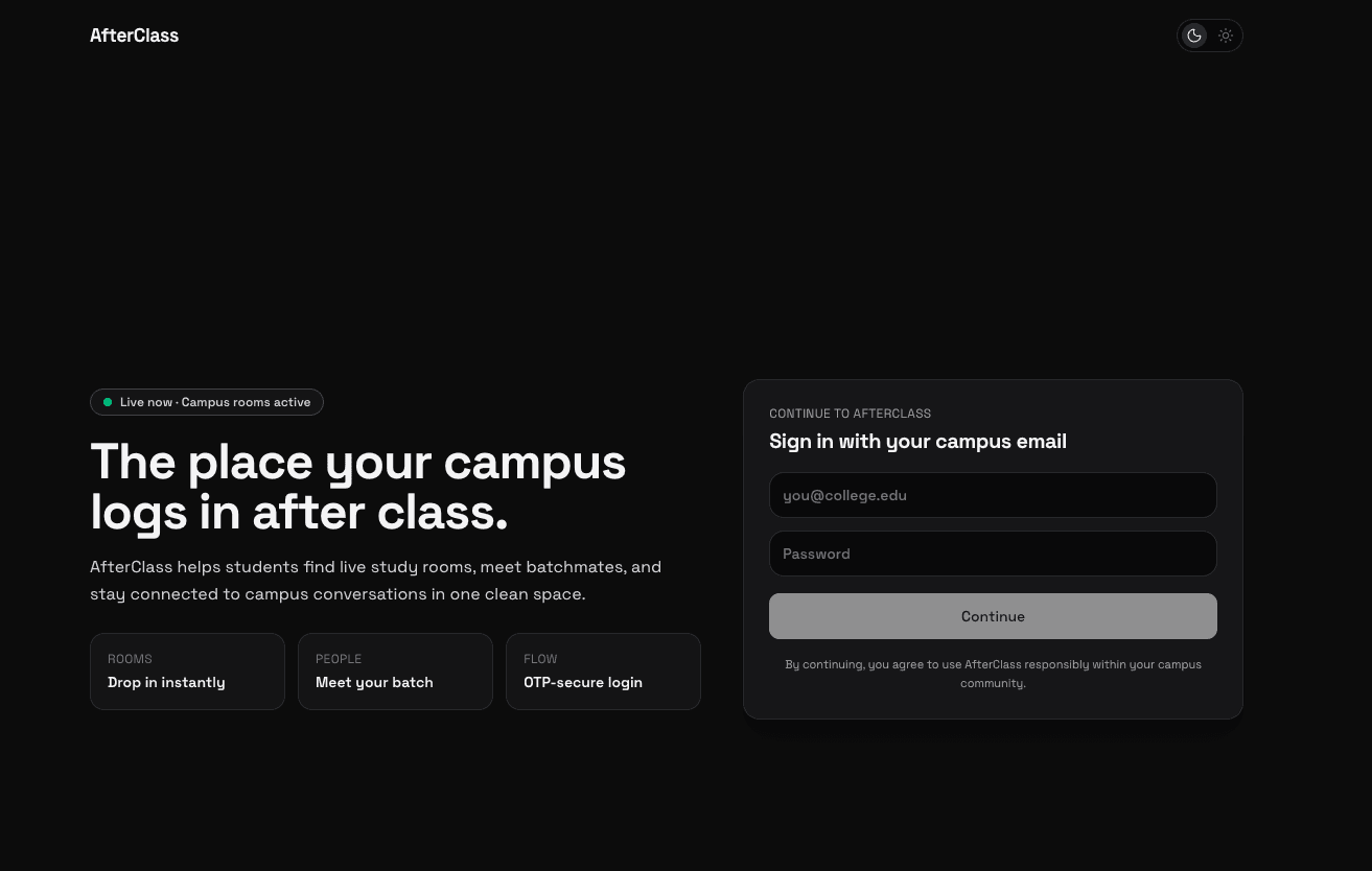 AfterClass - Campus-first social and study rooms screenshot